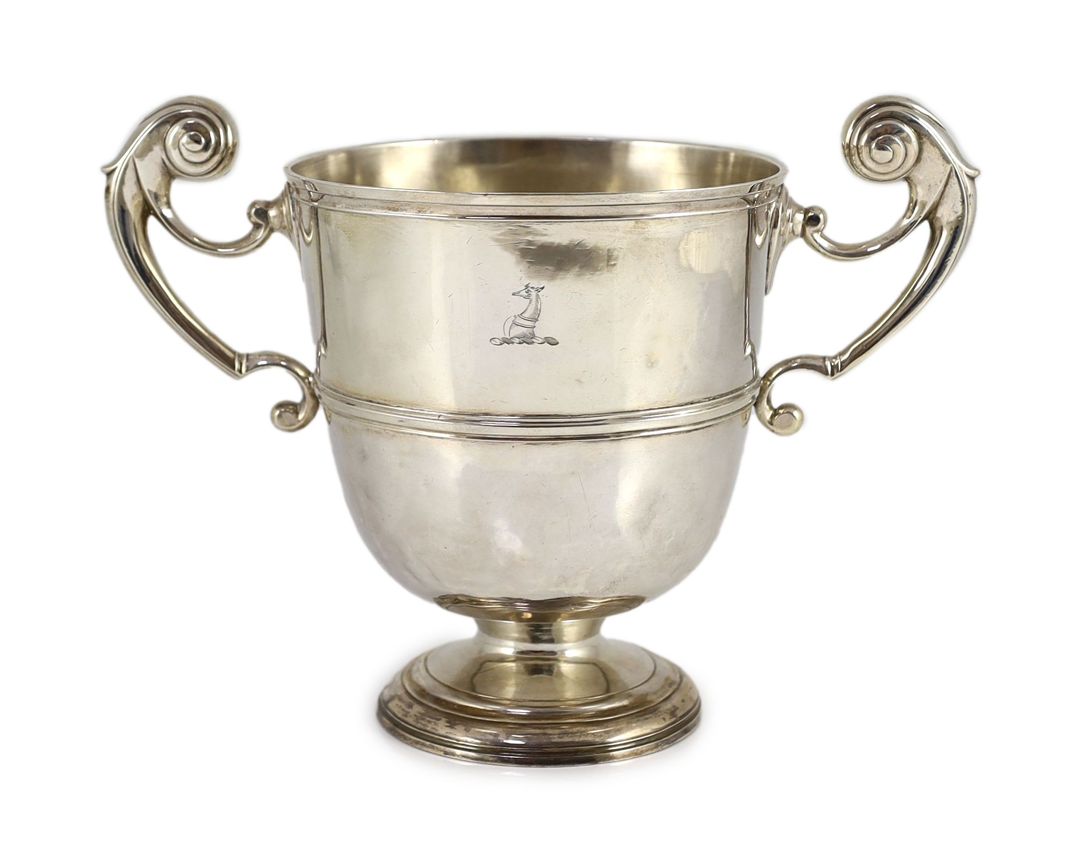 A George II Irish silver two handled presentation trophy cup, maker's mark rubbed